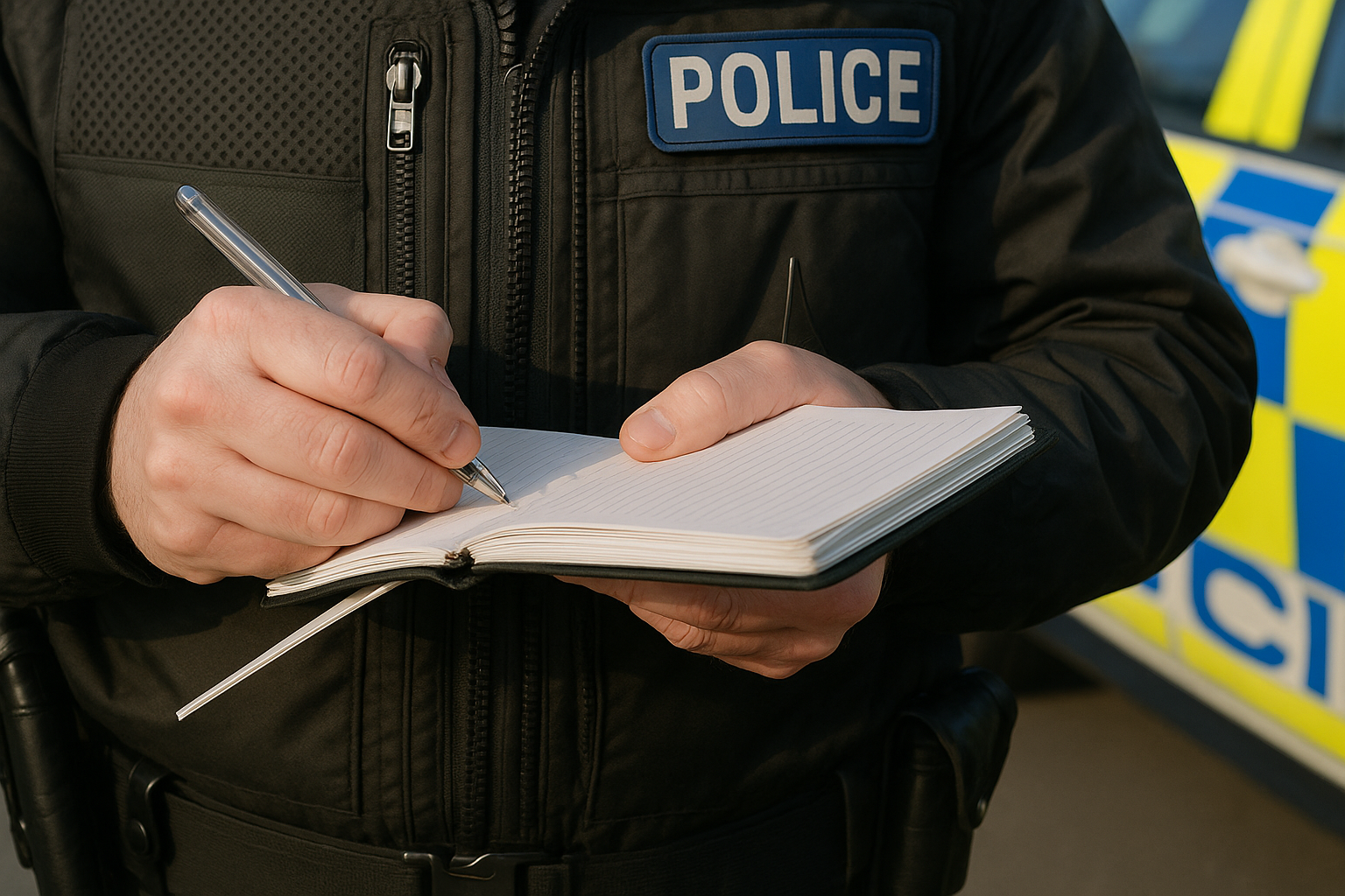 An image of a police officer writing in a notebook with police car visible in the background.