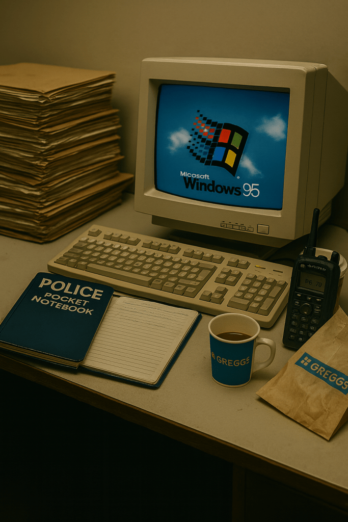 A cluttered British police station desk with an old CRT monitor showing the Windows 95 logo, an off-white keyboard, a Police Pocket Notebook, a police airwave radio, case files, and a Greggs coffee cup and paper bag.